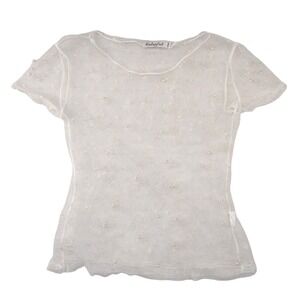 Colorful White Sheer Lace‎ Mesh Bow Pearl Top Short Sleeve Scoop Neck Womens S/M